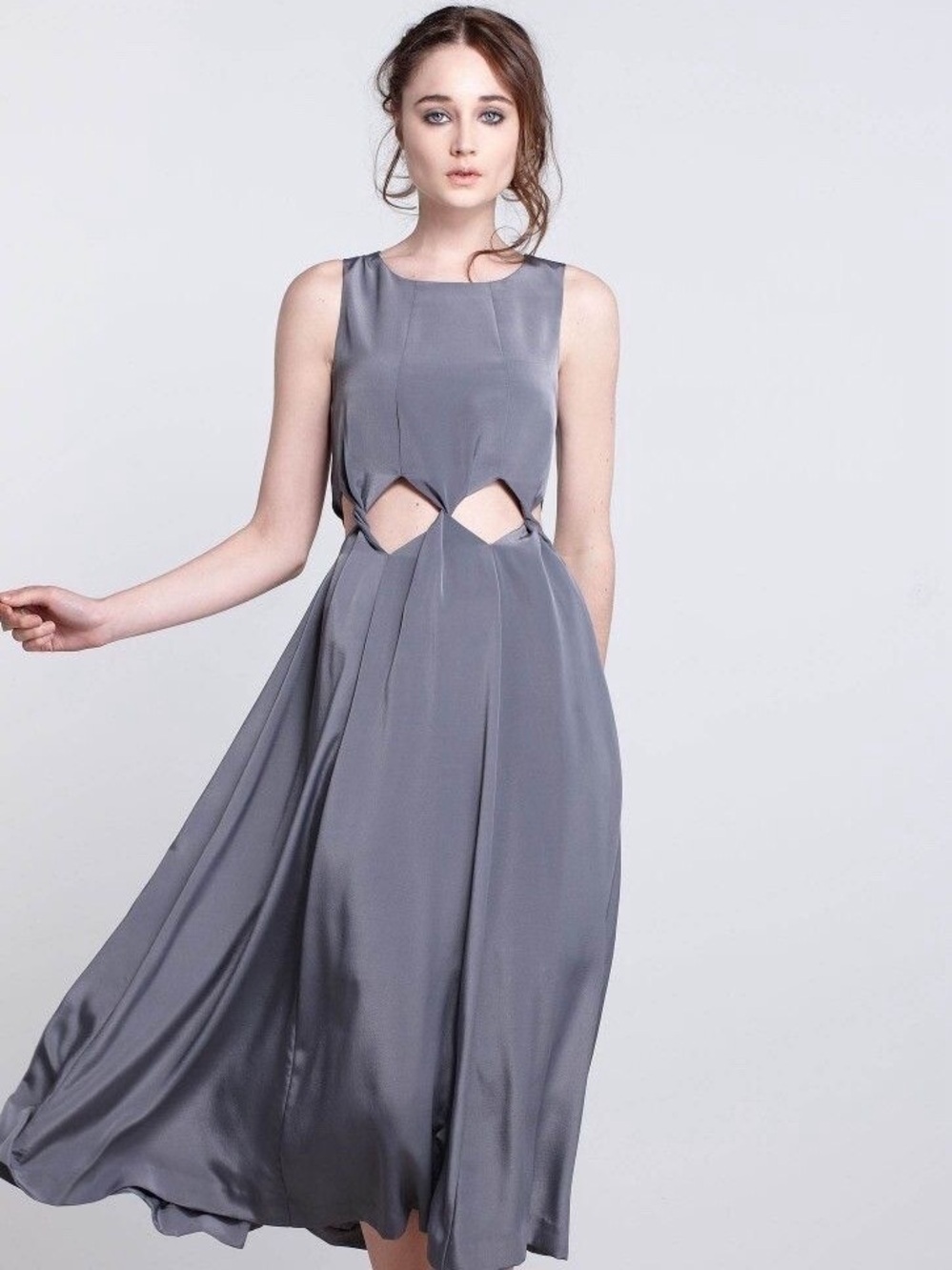 Samantha Pleet Women’s Tabernacle Midi Dress Sleeveless Cutout Satin in Gray M